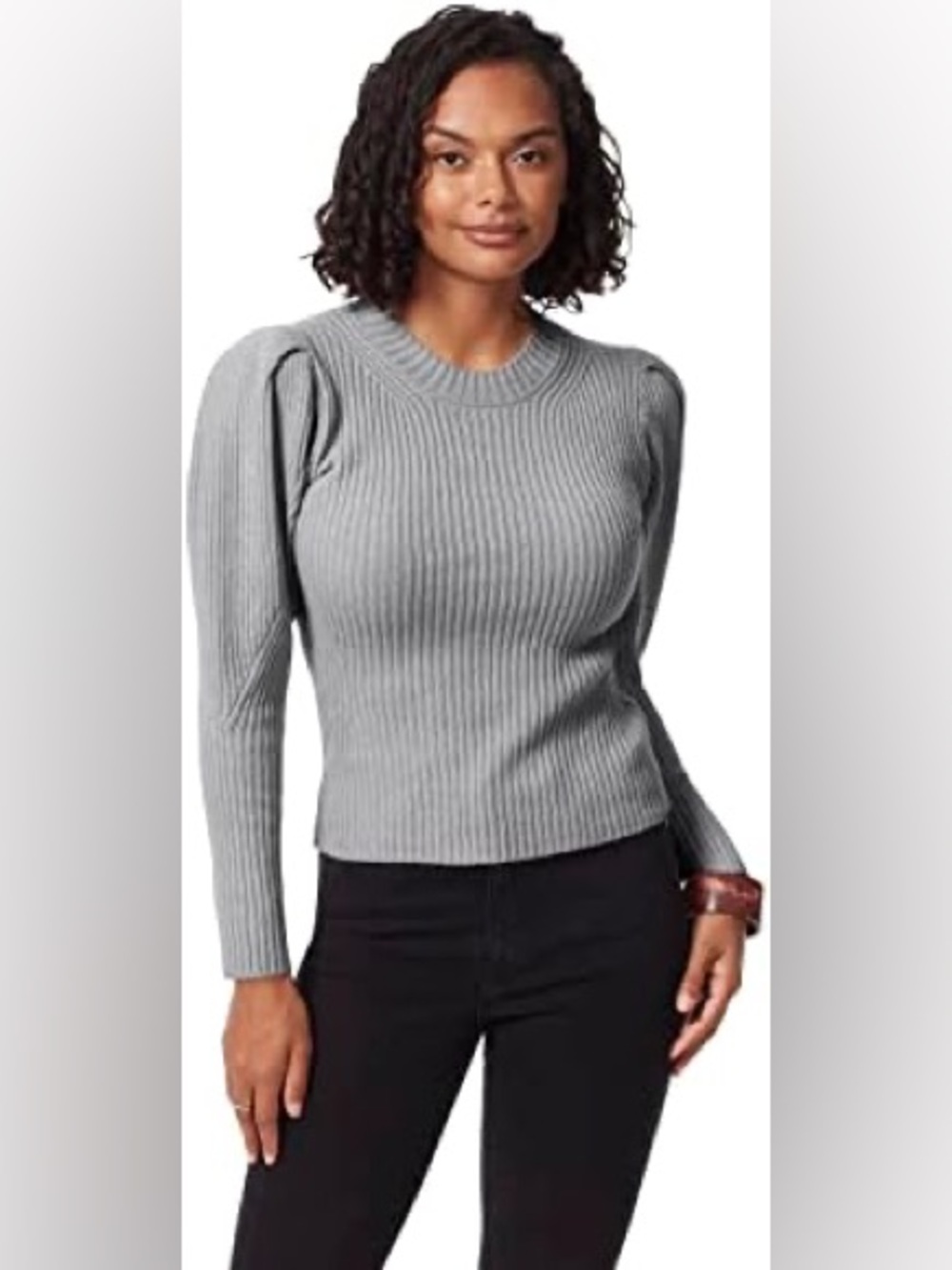 Sam Edelman Grey Ribbed Puff-Shoulder Crewneck Sweater